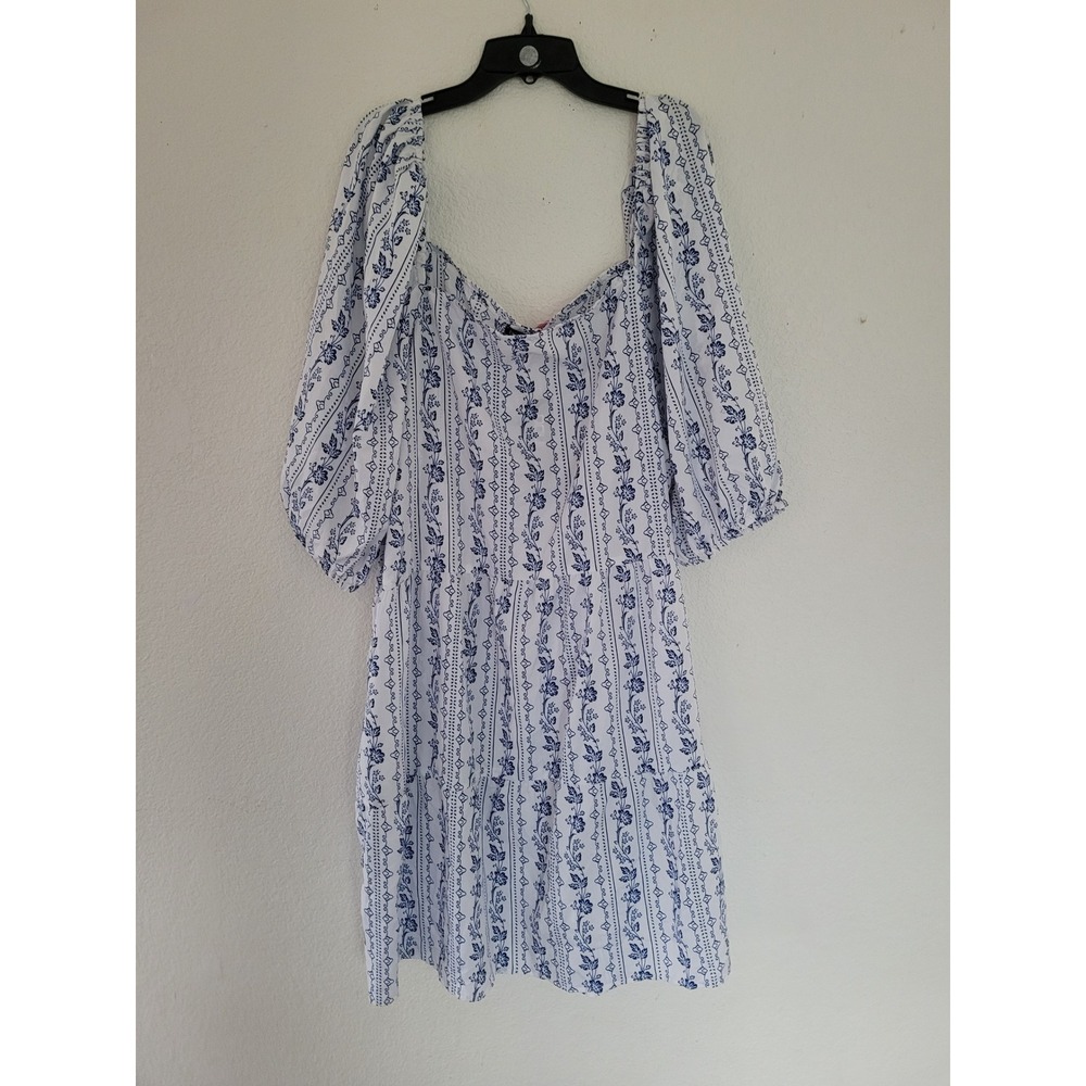 Boohoo Plus Size 20 Blue White Floral Stripe Puff Sleeve Smock Mini Dress #22